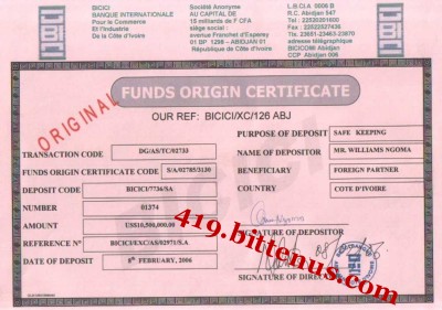 Funds origin certificate